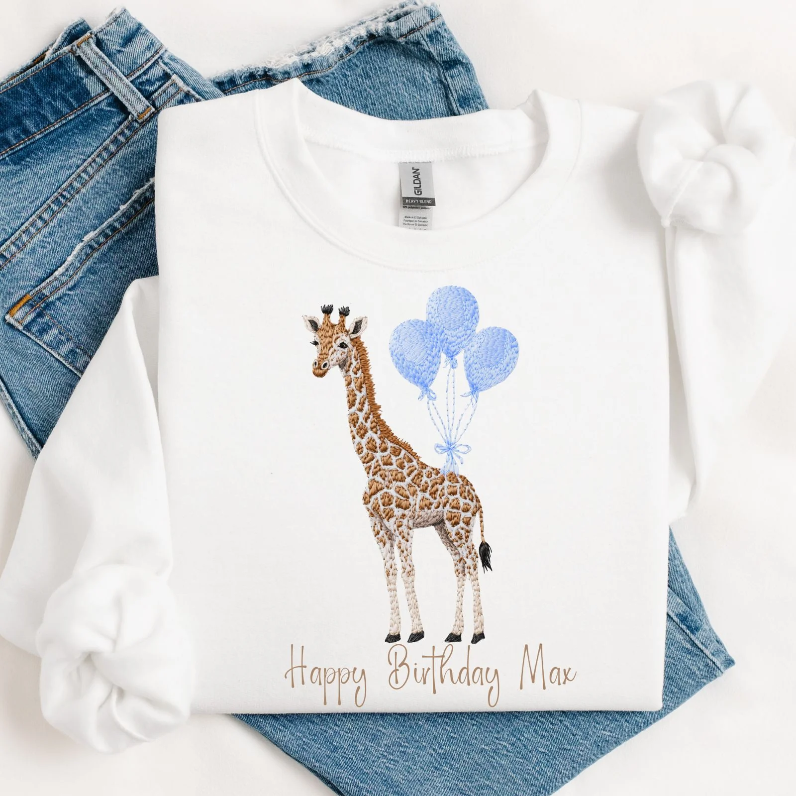 DTF TRANSFER - EMBROIDERY STYLE - BIRTHDAY GIRAFFE - BLUE